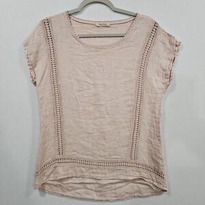 Alessia Pacini 100% Linen Short Sleeve Shirt Blush Pink Crochet Lace Blouse S